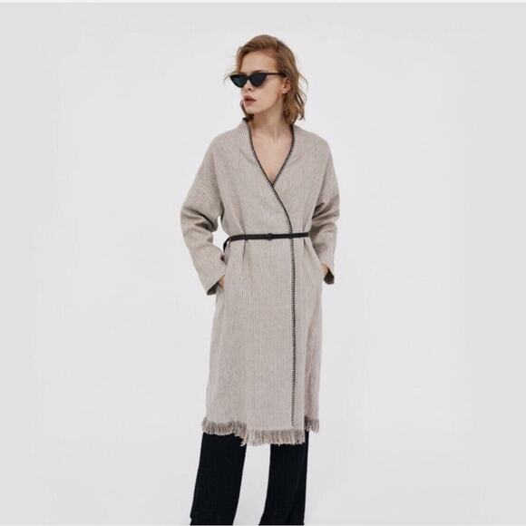 NWOT Zara Beige Linen Striped Fringe Trim Hem Midi Duster Wrap Coat Cardigan - Picture 4 of 16